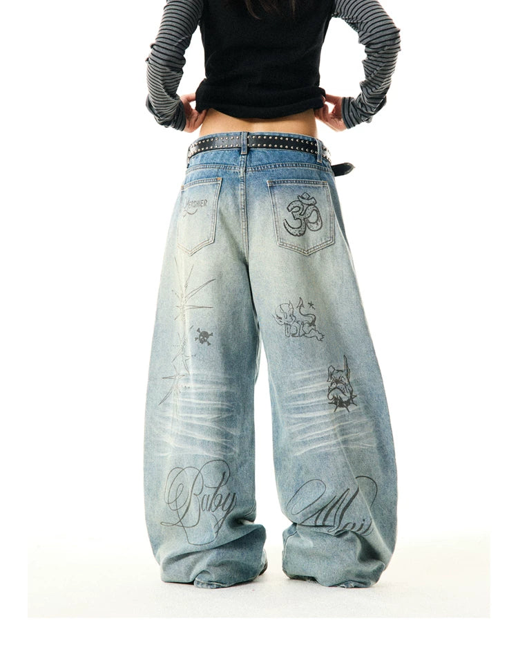 Washed Graffiti Print Wide Leg Denim Jeans