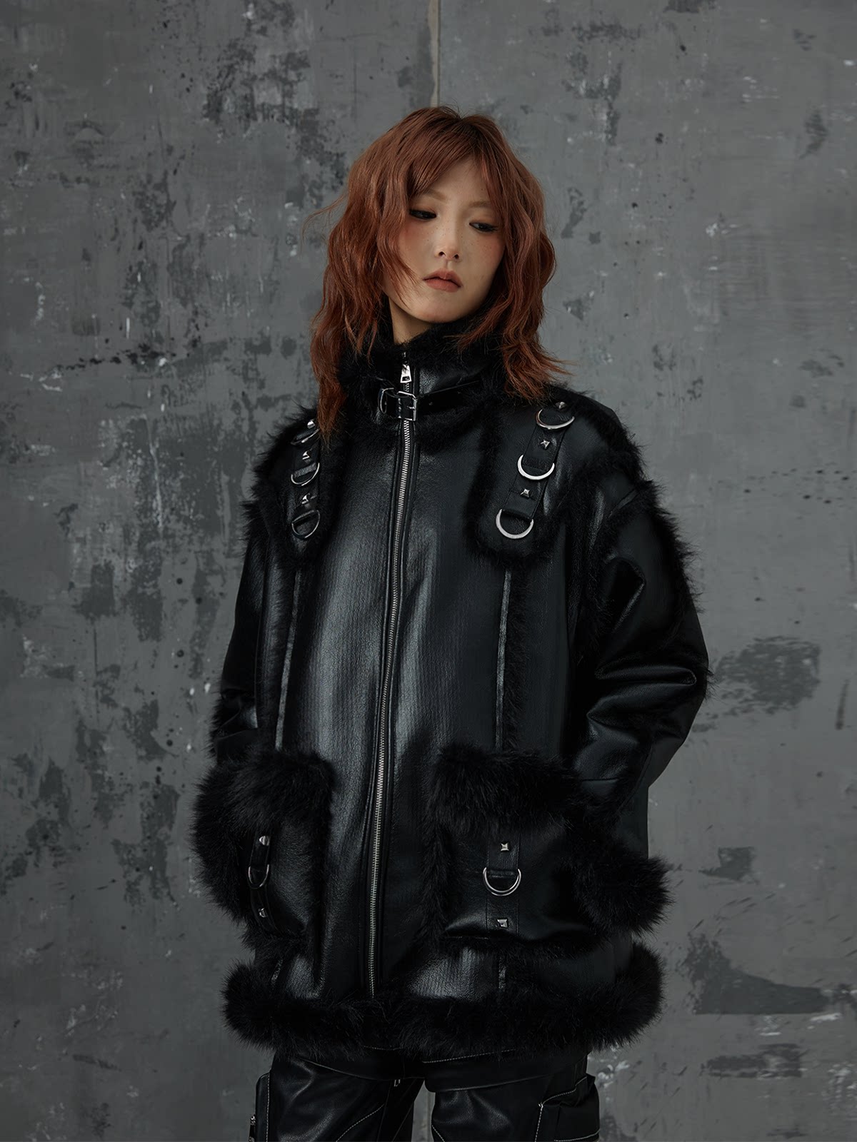 Punk Oversize Metal-Accent Shearling Jacket