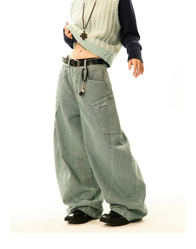 Stripe Pattern Wide Leg Denim Jeans