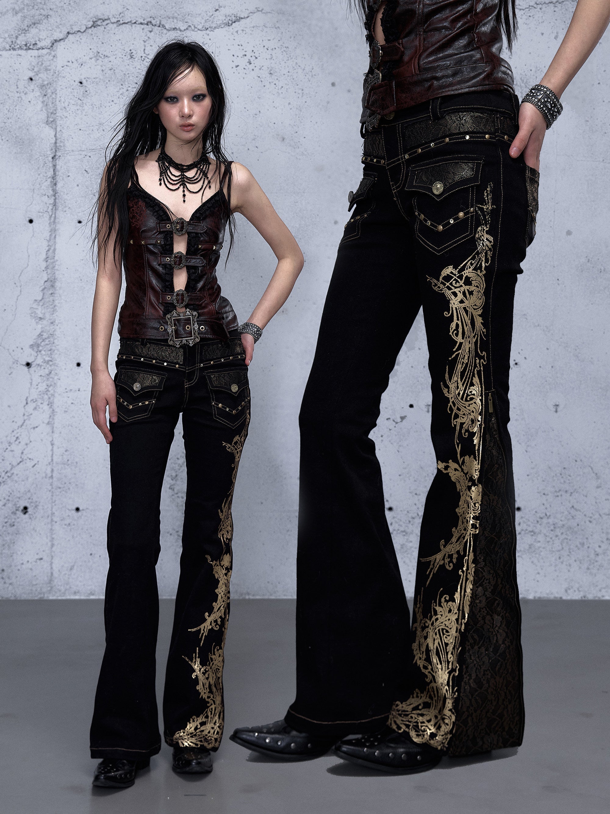 Embroidery Low Rise Straight Denim Jeans