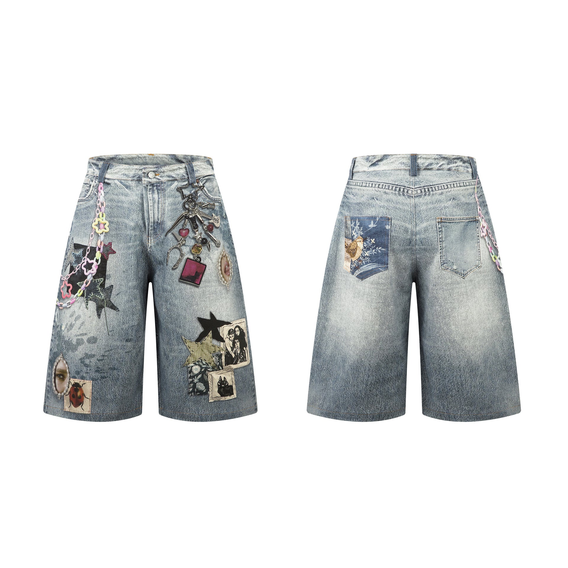 Washed Charm Patch Wide Leg Cropped Denim Jeans