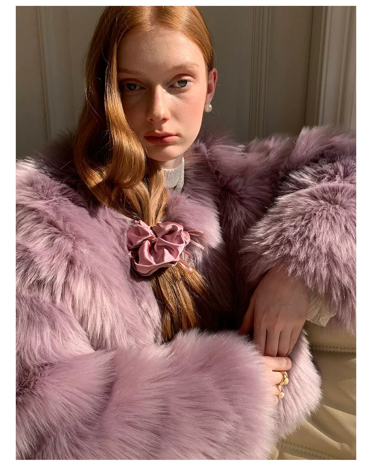 PU Leather Mix Bow Fur Jacket