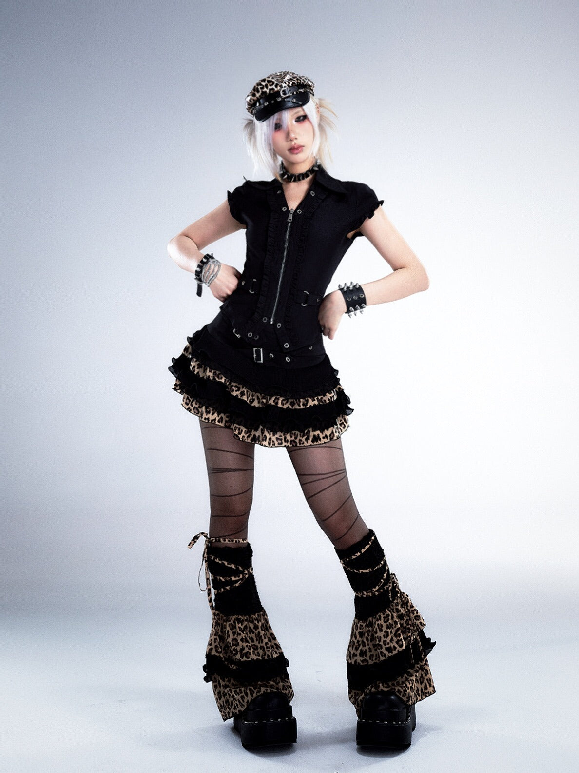 Ruffle Trim Waist-Cinching Short Zipper Shirt