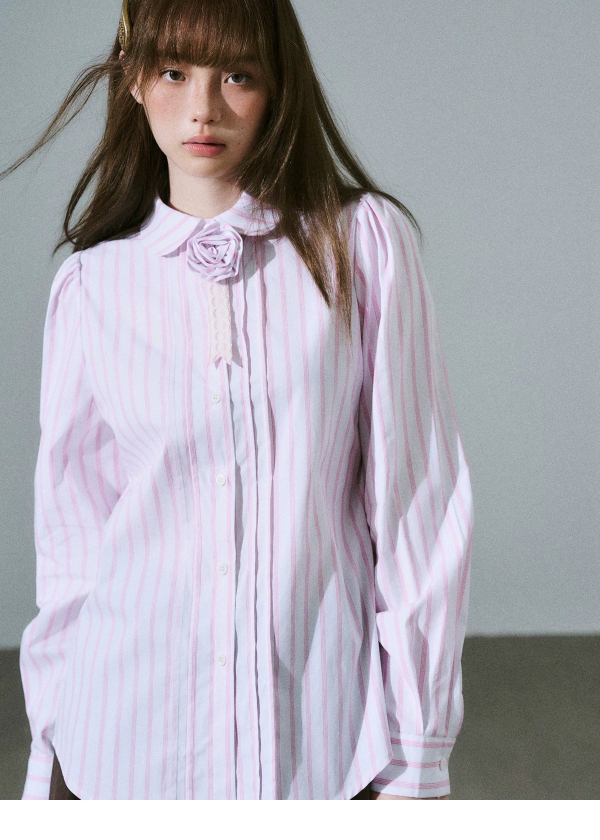 Lace & Flower Detail Stripe Long Sleeve Shirt