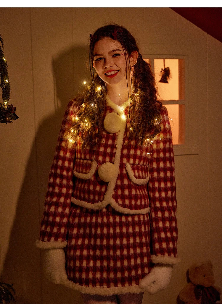 Christmas Plaid Tweed Jacket & Short Skirt Setup