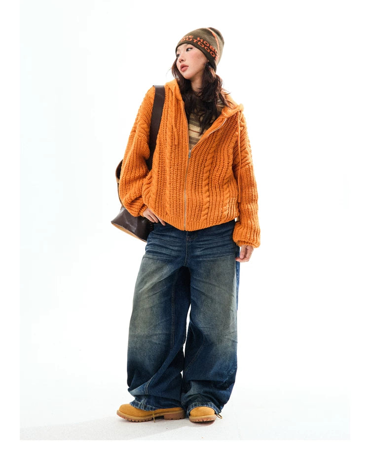 Chunky Knit Zipper Hooded Oversize Cardigan