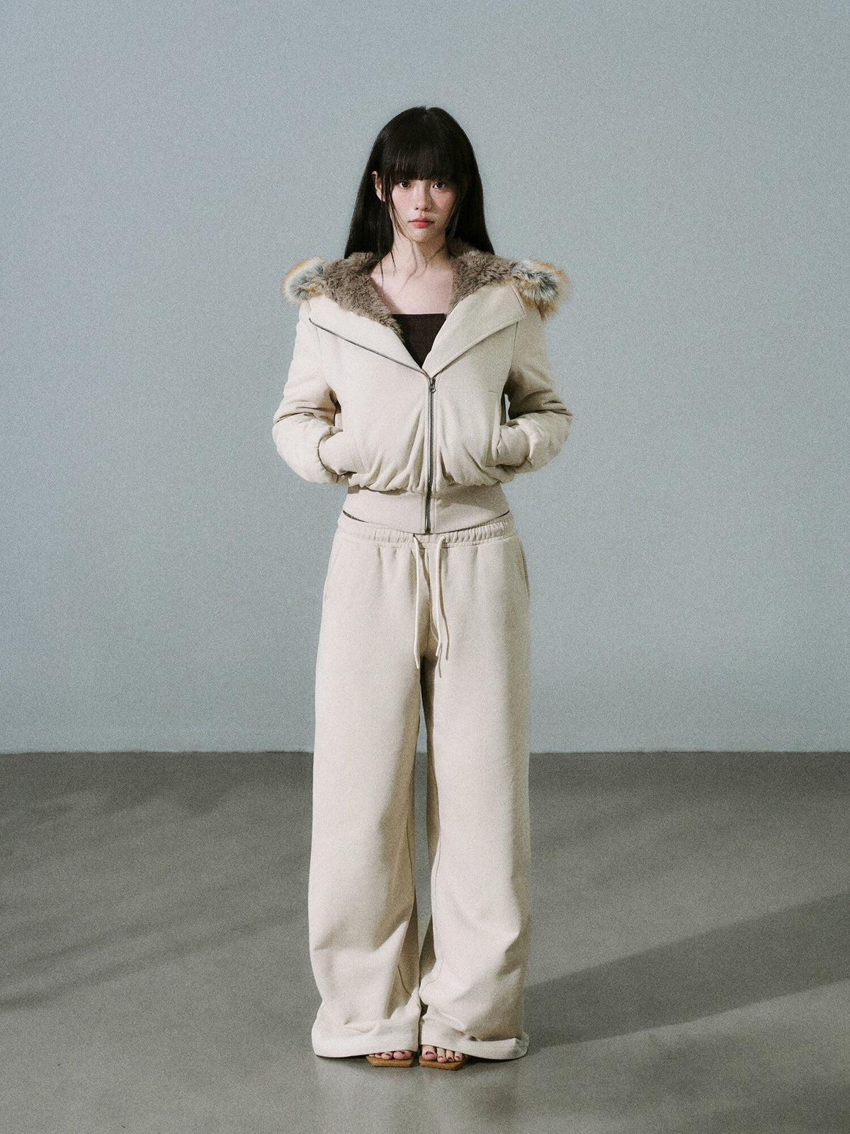Fake Fur Hooded Zip-Up Jacket & Seatpants Setup