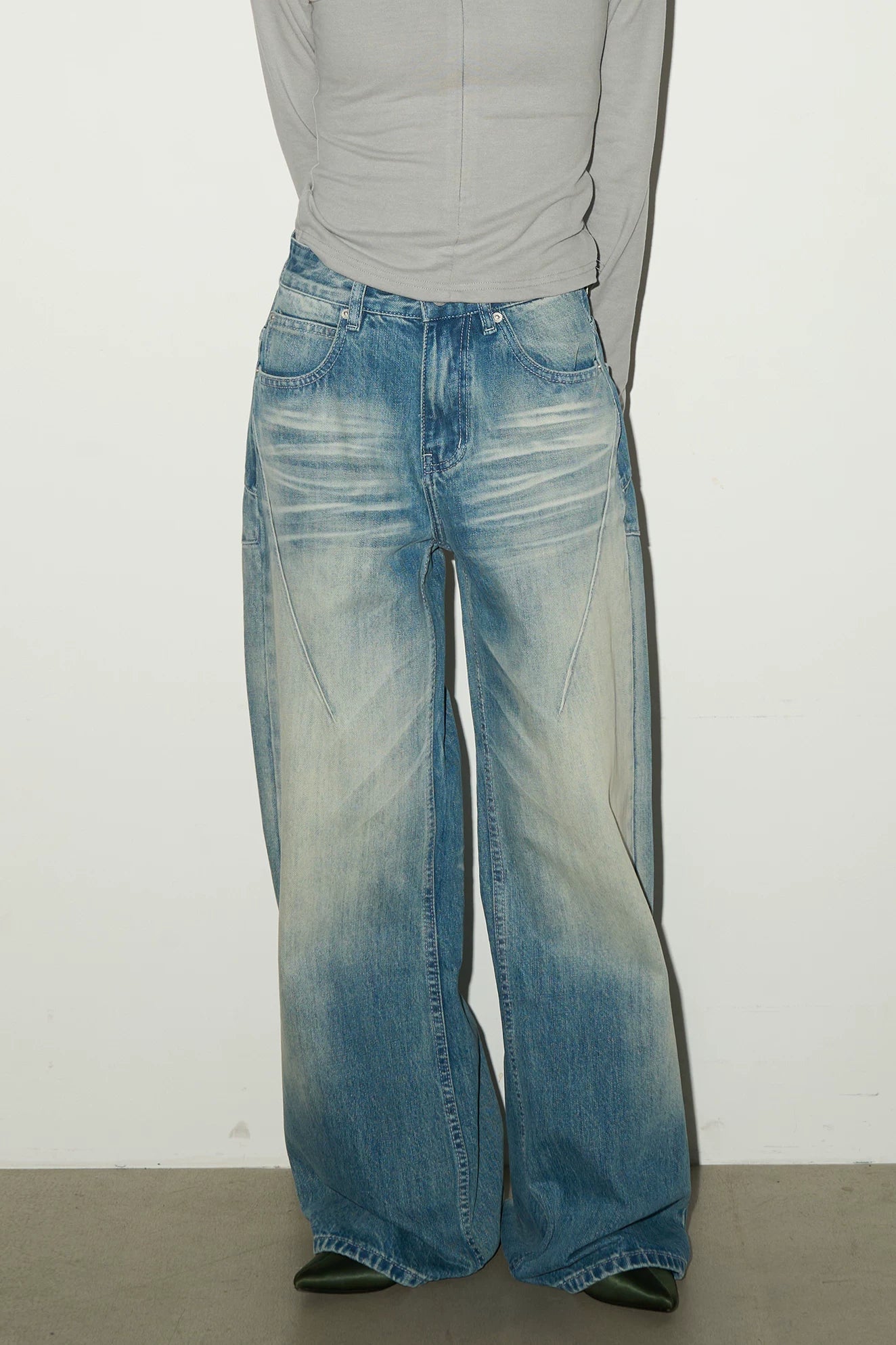 Washed Fade Seam Detail Wide Leg Denim Jeans