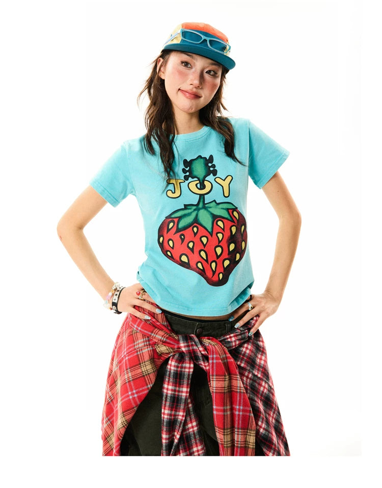 Strawberry Print Cropped Short Sleeve T-Shirt