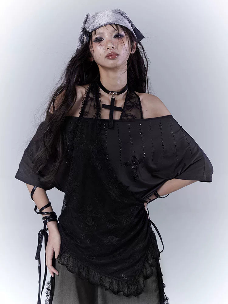 Lace Patchwork Halter Neck Rhinestone Oversize Short Sleeve T-Shirt
