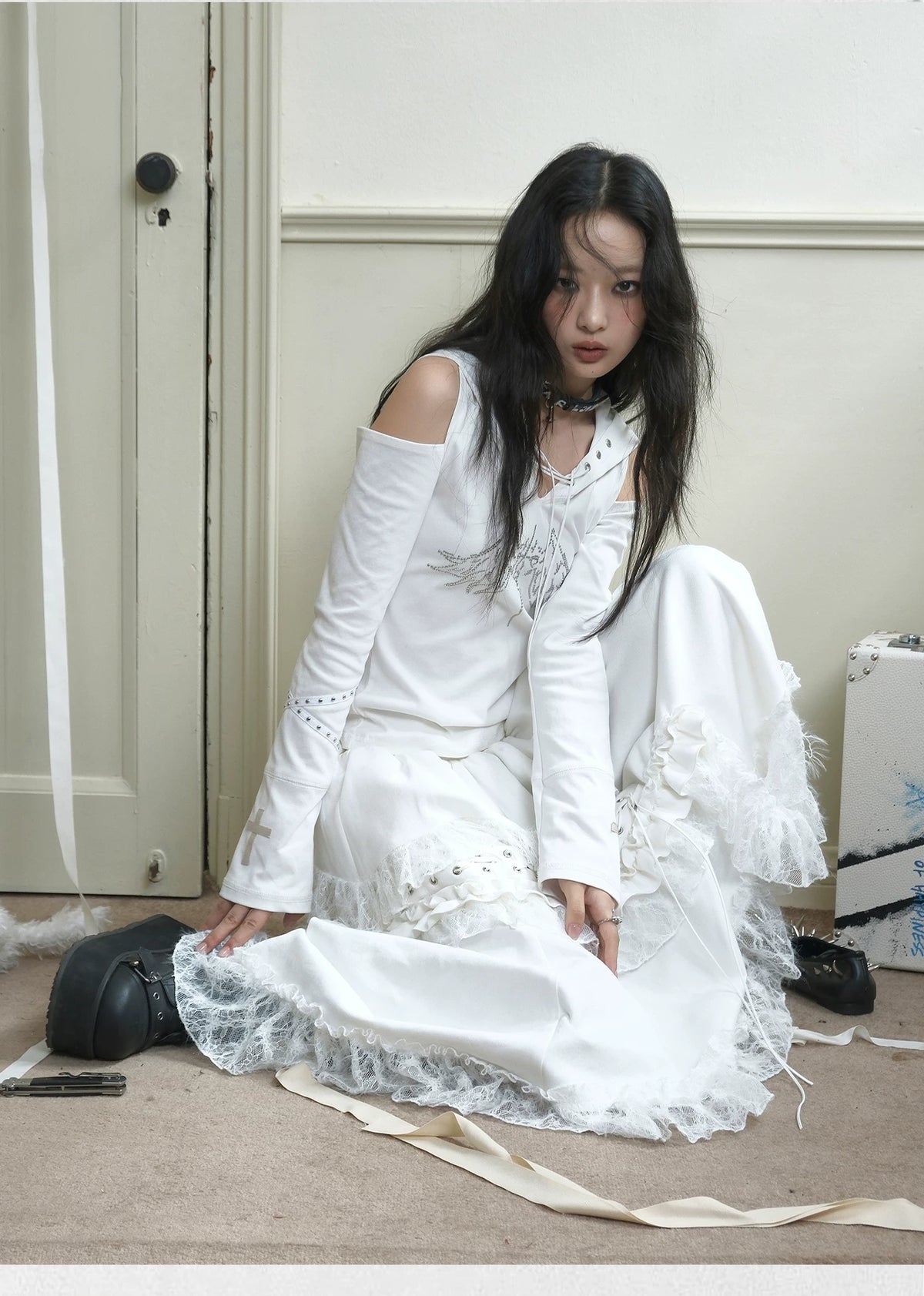 Suede Lace Asymmetrical Tie-Up Layered Long Skirt