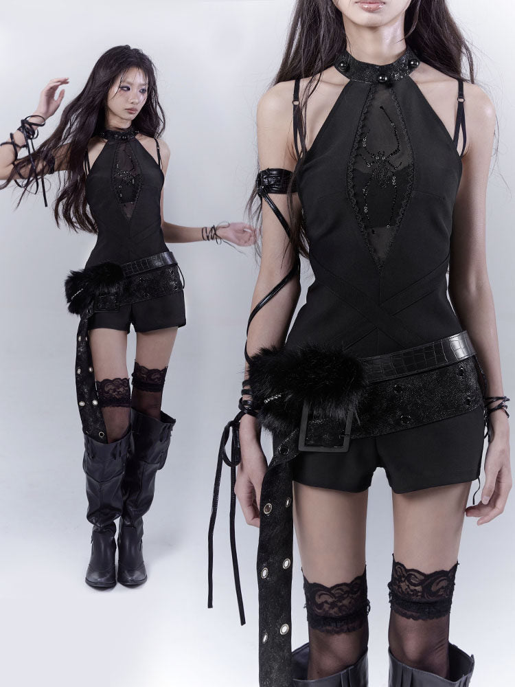 Design Rhinestone Pearl Detail Halter Neck Short Derss & Belt & Inner Camisole ＆ Set