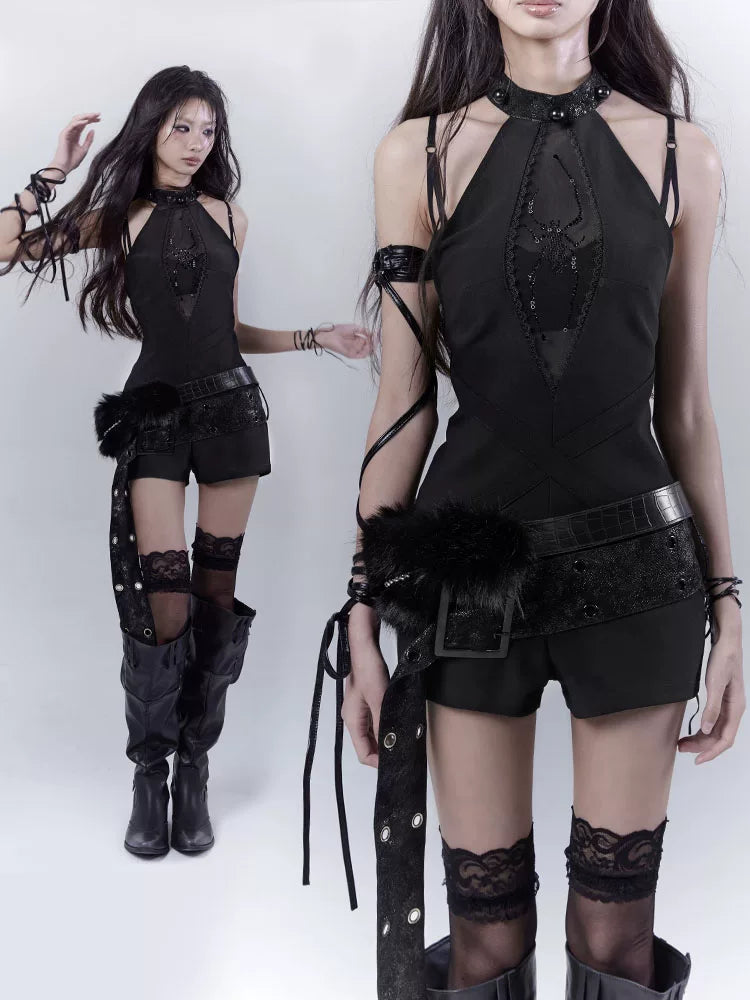 Design Rhinestone Pearl Detail Halter Neck Short Derss & Belt & Inner Camisole ＆ Set