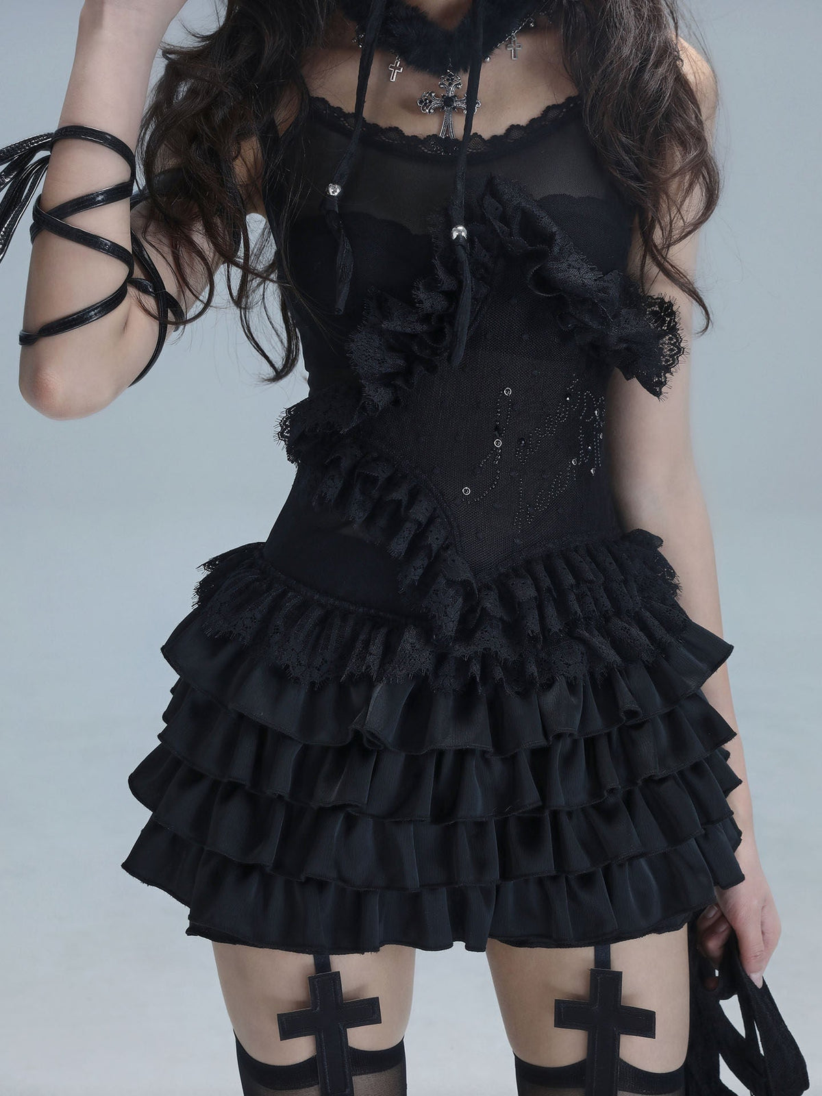 Lace Spaghetti Strap Tiered Ruffle Oversize Short Dress & Underwear Set