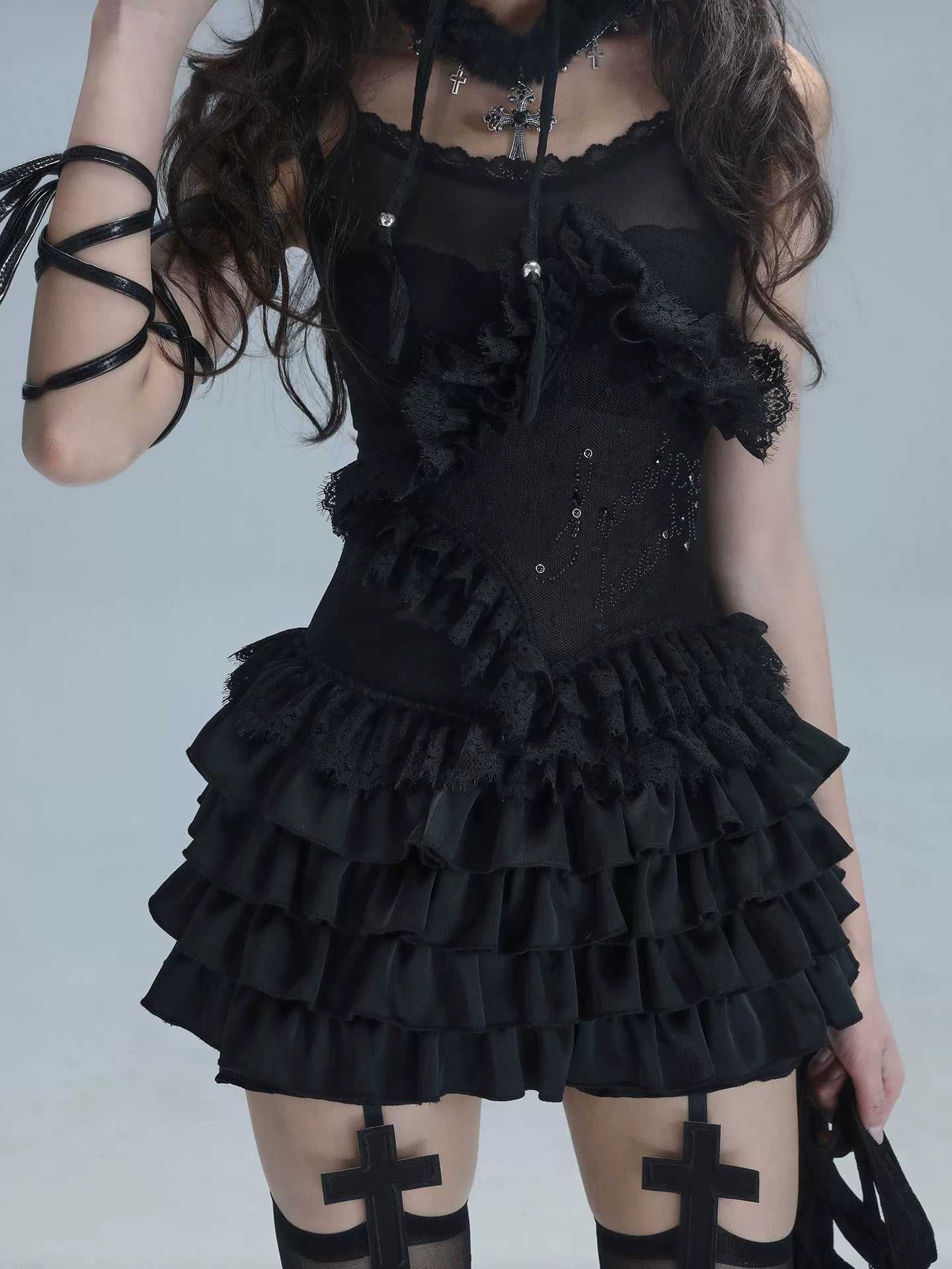 Lace Spaghetti Strap Tiered Ruffle Oversize Short Dress & Underwear Set