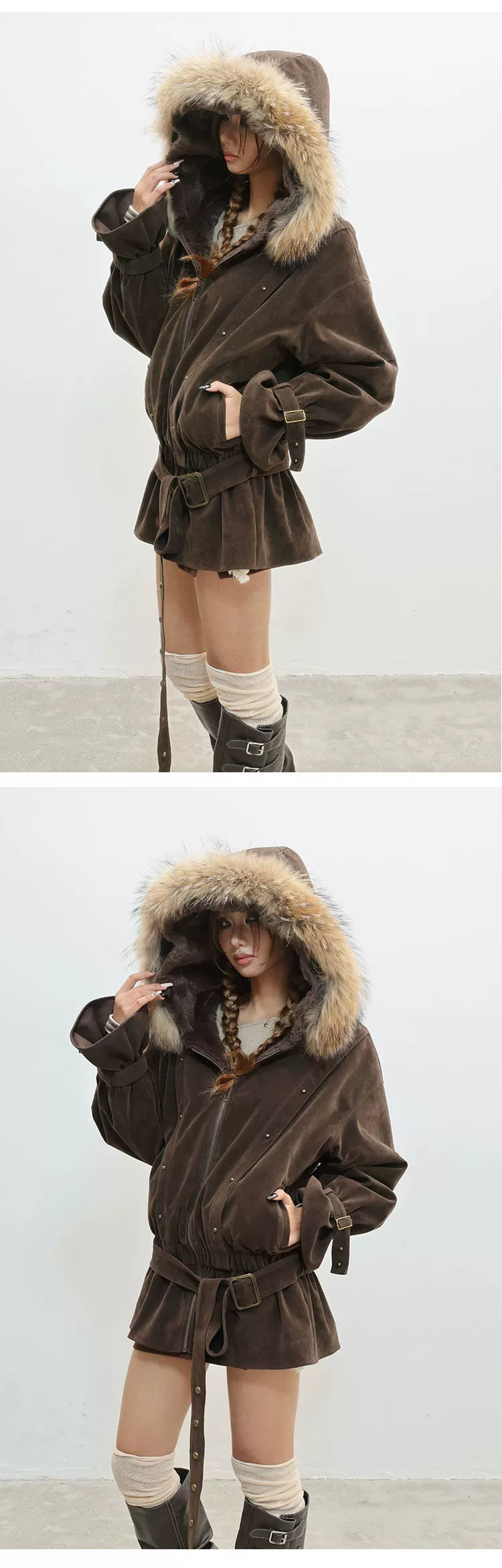 French Inspired Fleece Fake Rabbit Fur Lining Jacket