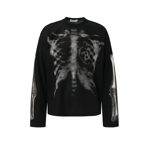 Langarmshirt mit Waffelstruktur und Skelett-Print - Schwarz / M