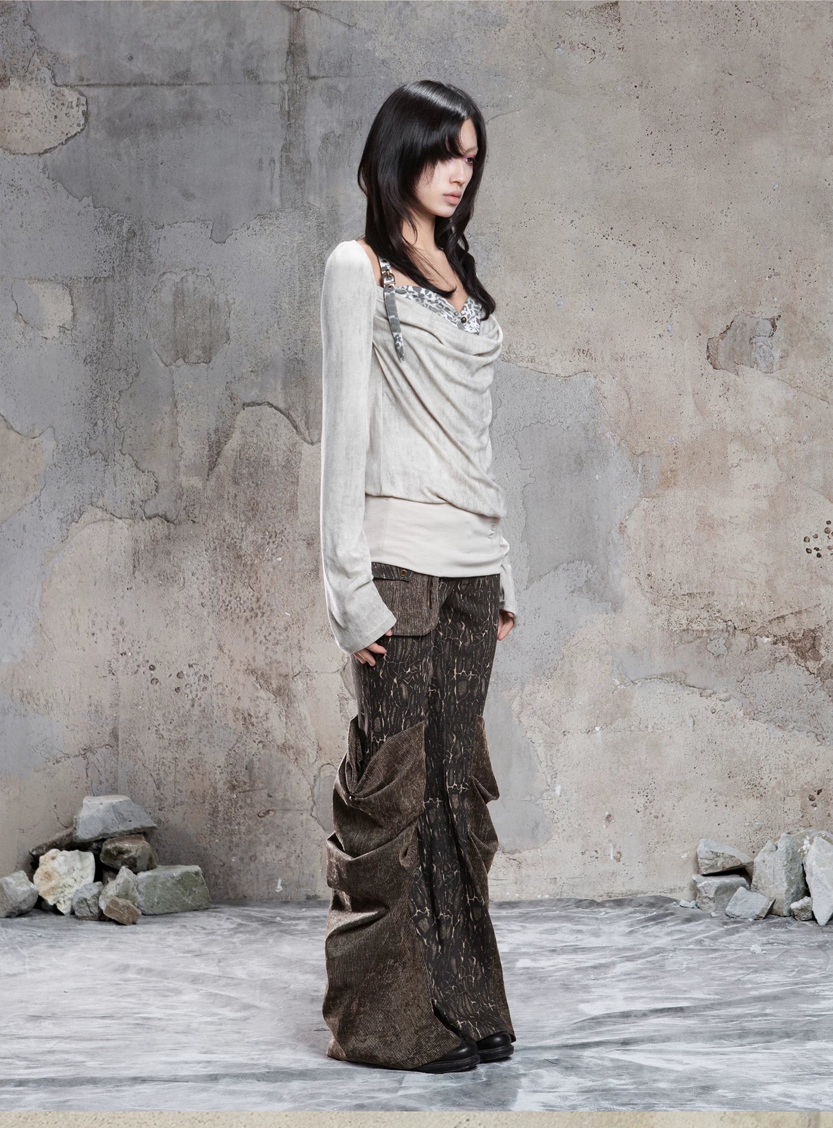 Fake Two-Piece Draped Pleated Mid- Length Slimming Long Sleeve T-Shirts