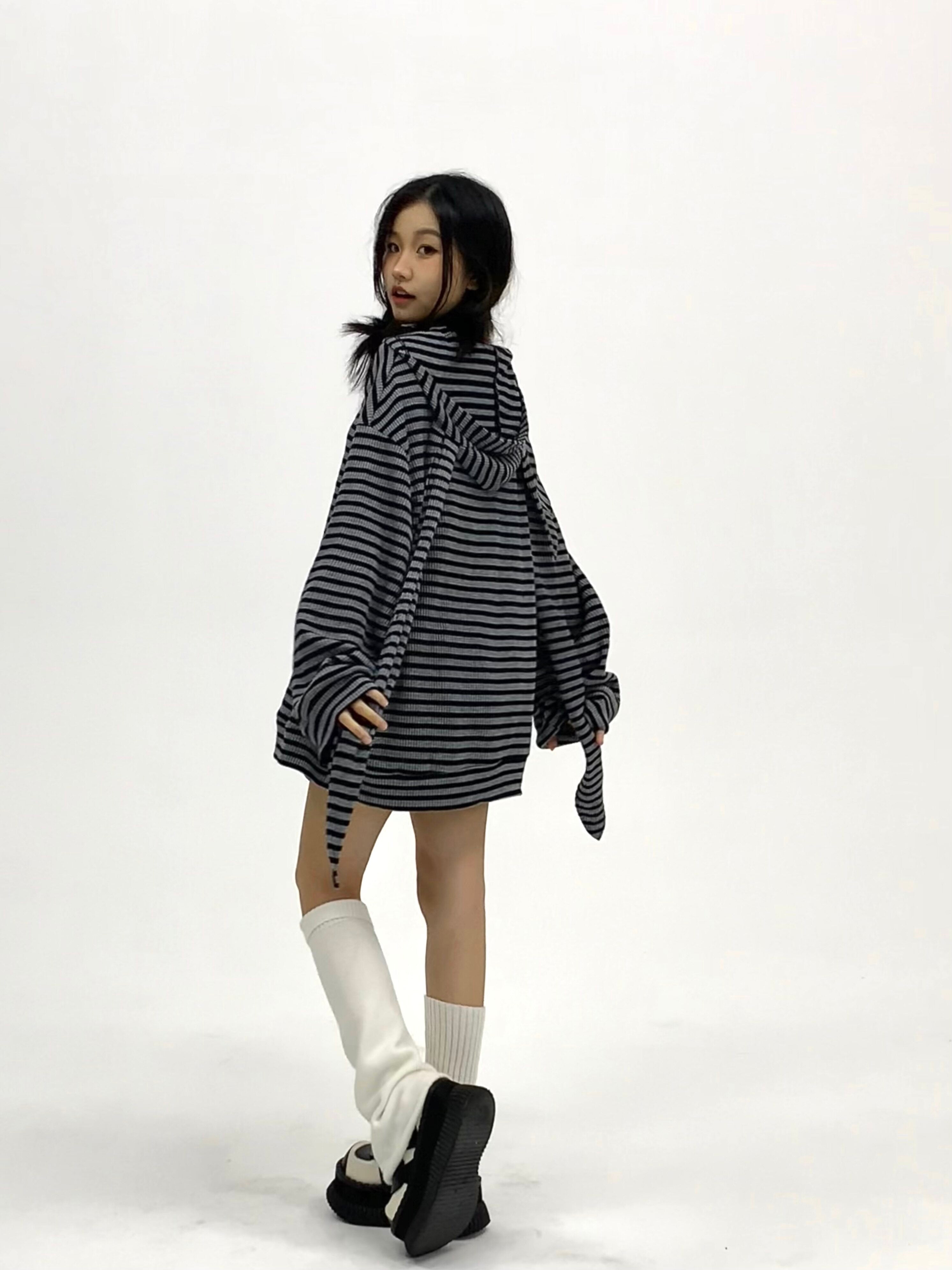 Striped Rabbit Ear Oversize Zipper Jacket & Zipper Coat