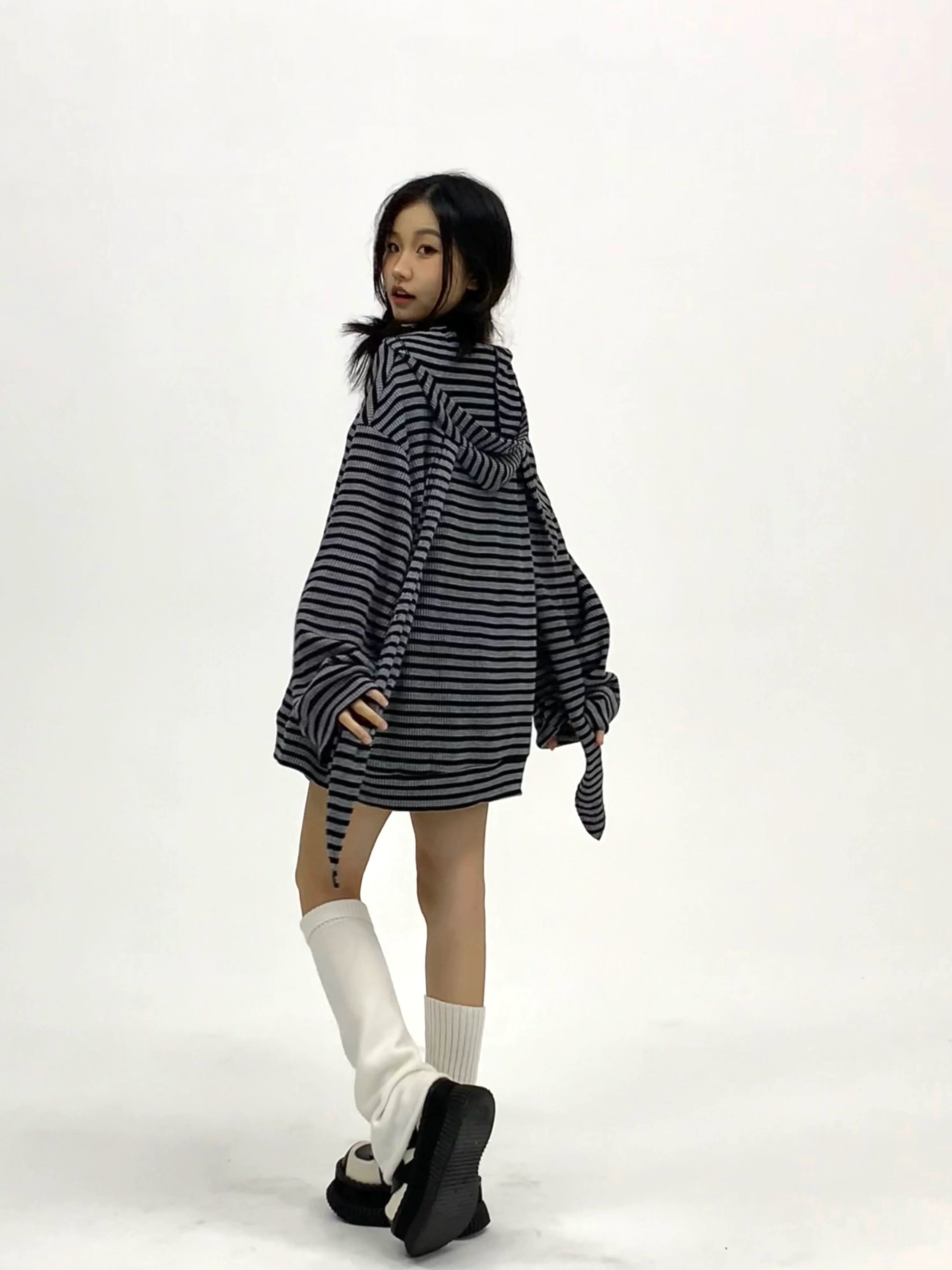 Striped Rabbit Ear Oversize Zipper Jacket & Zipper Coat