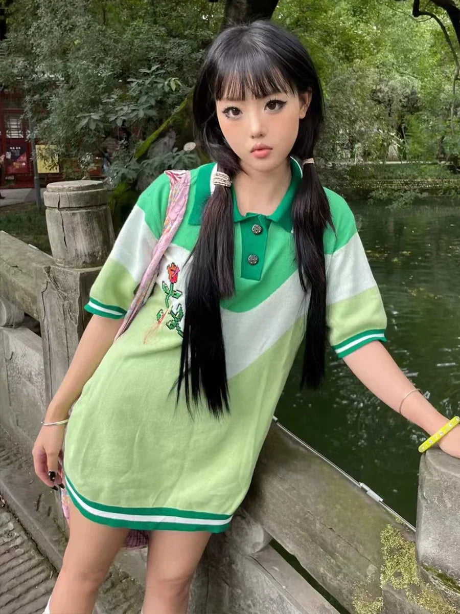Floral Embroidery Patchwork Oversize Knit Polo Shirt