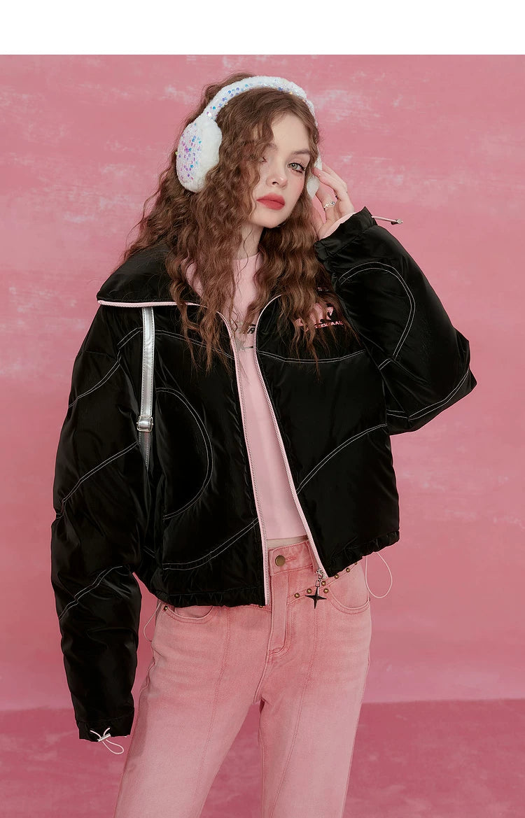 Letter Print High-Neck Short White Duck Down Jacket