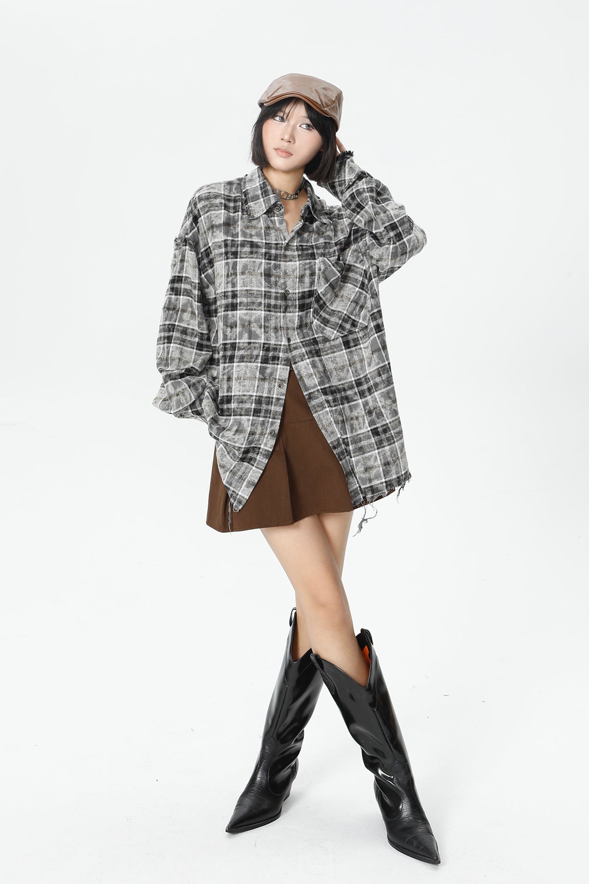 Plaid Washed Fringe Long Sleeve Shirt