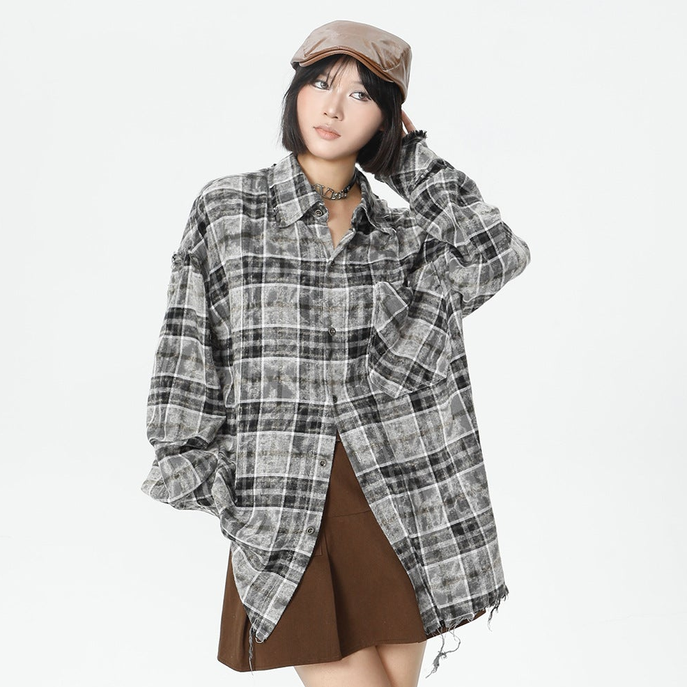 Plaid Washed Fringe Long Sleeve Shirt