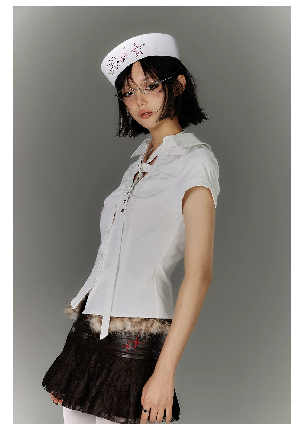 Button Strap Detail Fitted Short Sleeve Shirt