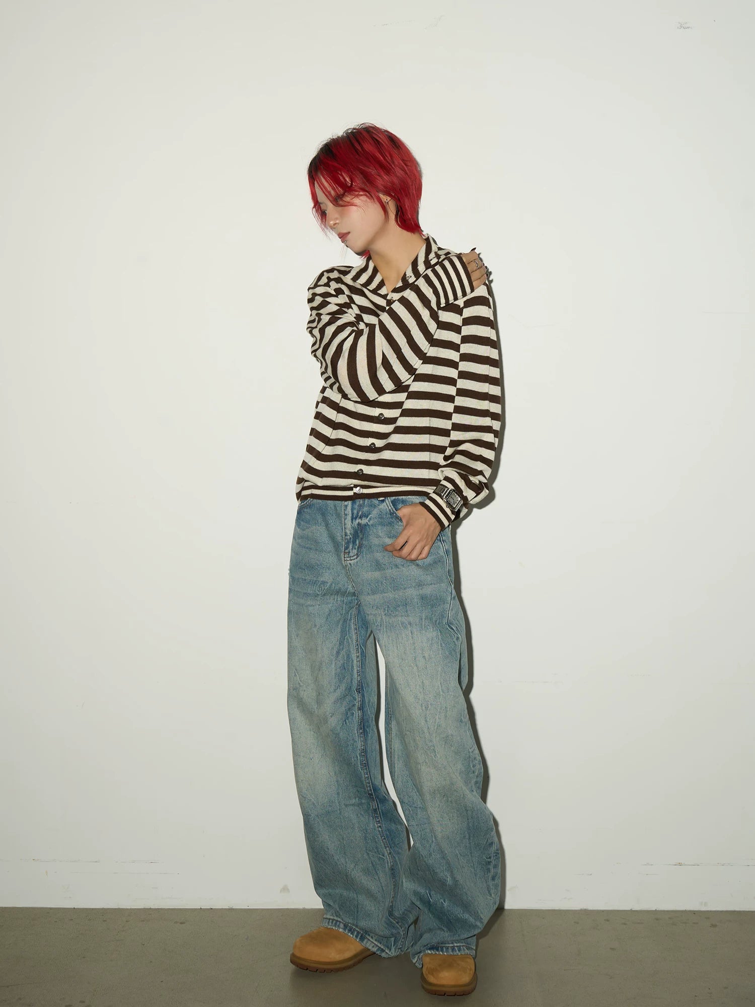 Contrast Stripe Wool Knit High-Neck Cardigan