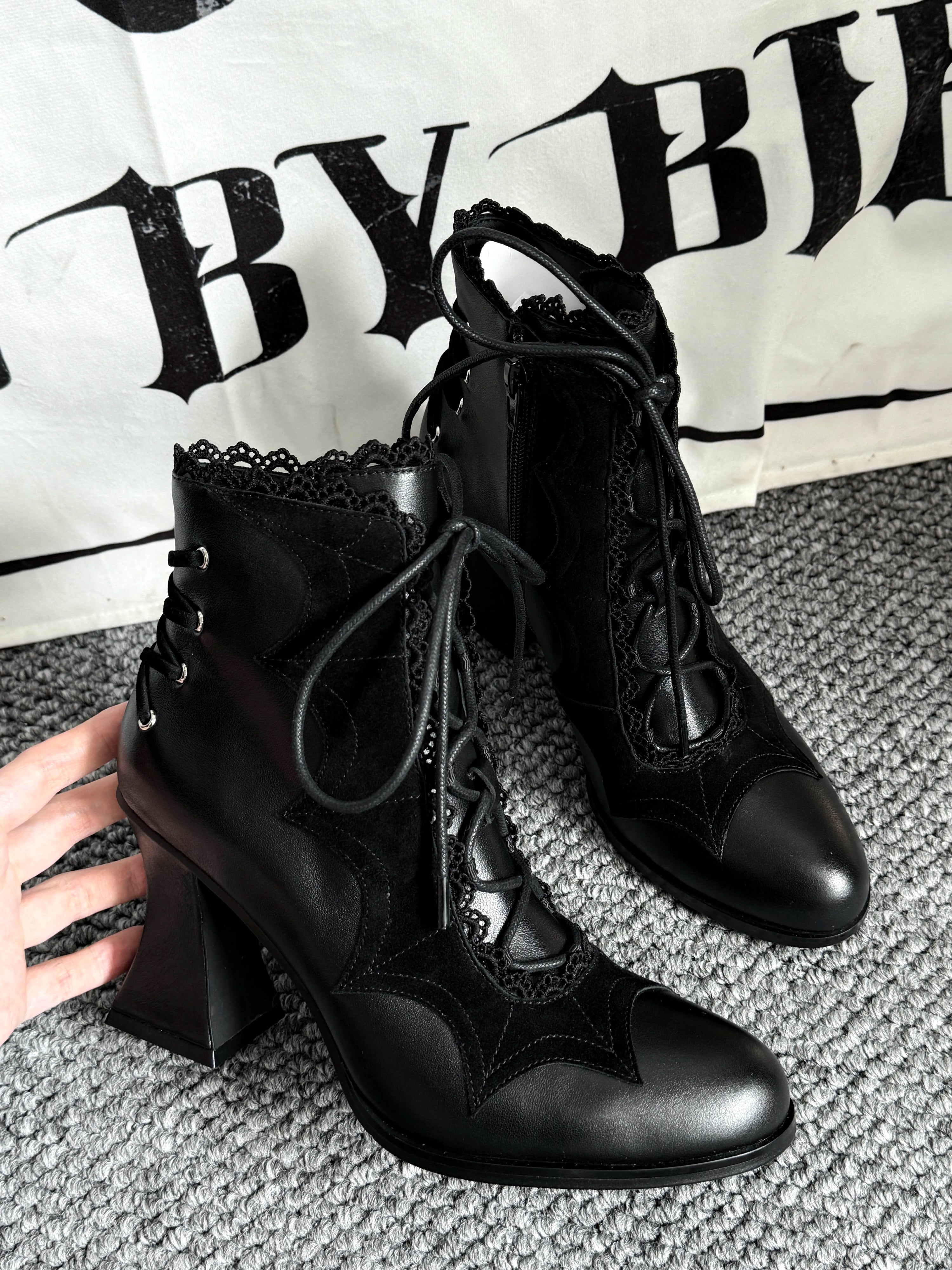 Lace Bow Purple Spider Web Ankle Boots