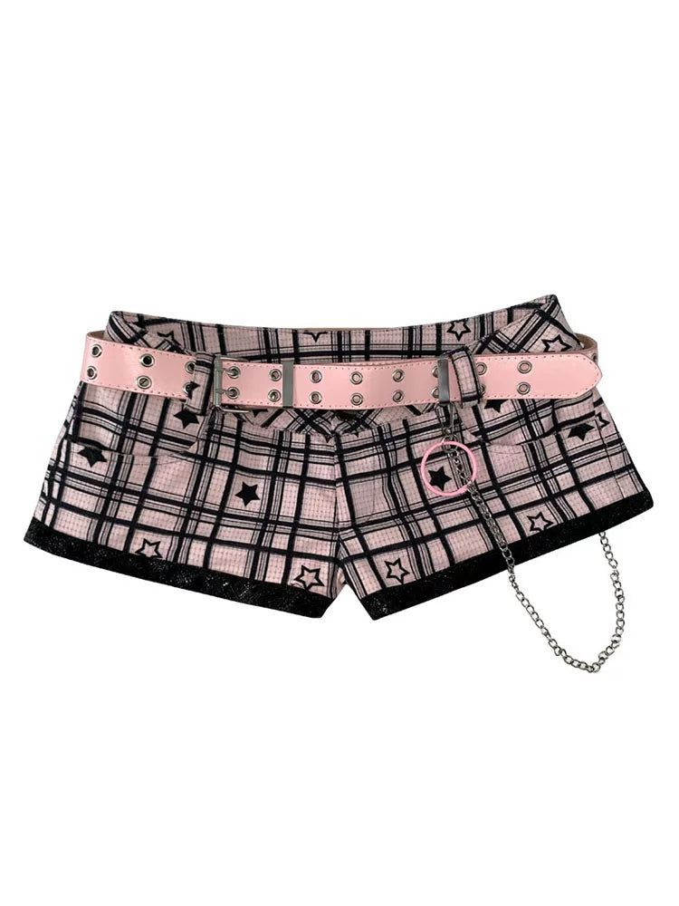 Black & Pink Star Plaid Ultra-Short Low-Rise Short Pants