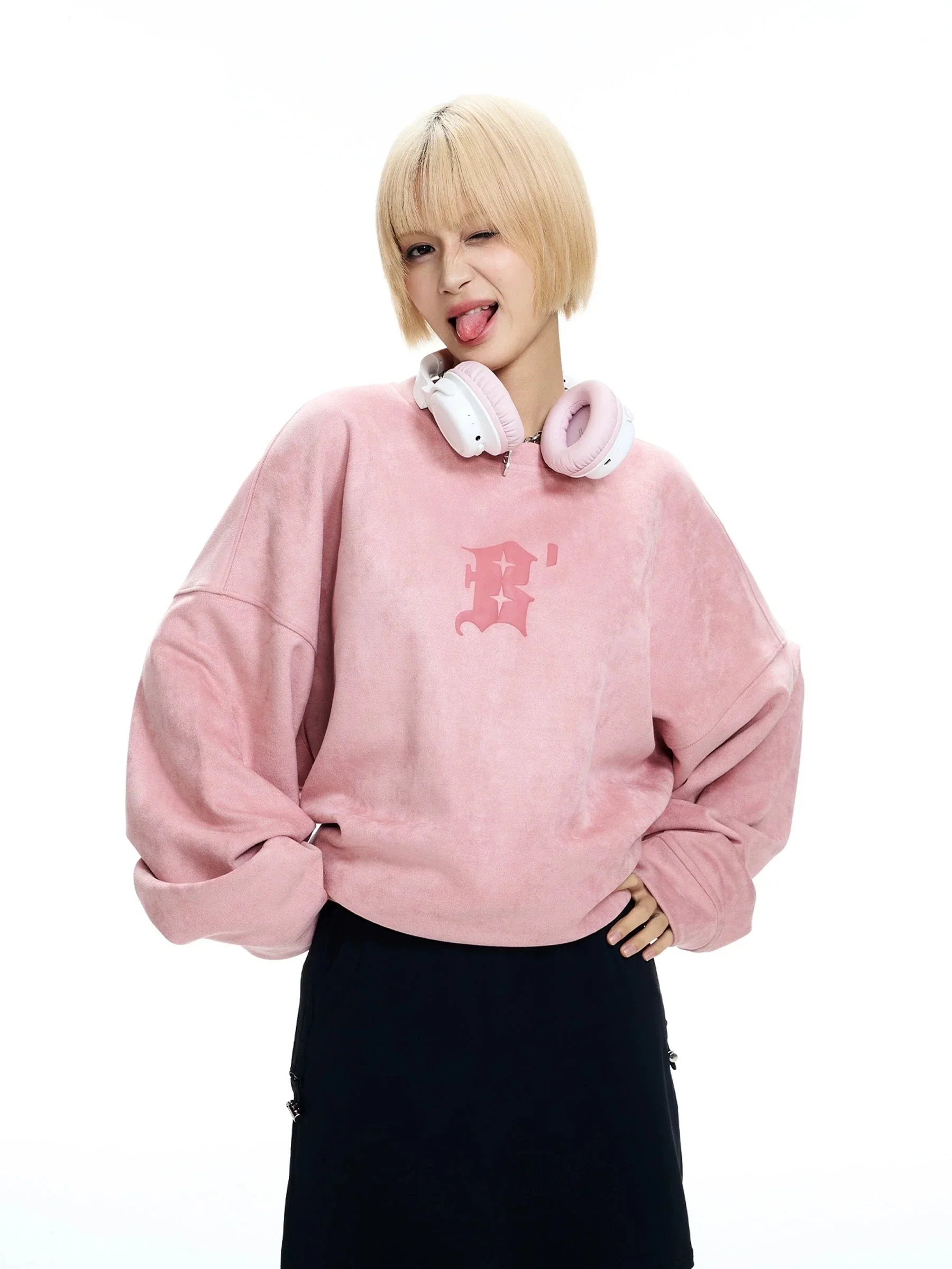 Overize Suede Round Neck Sweatshirt