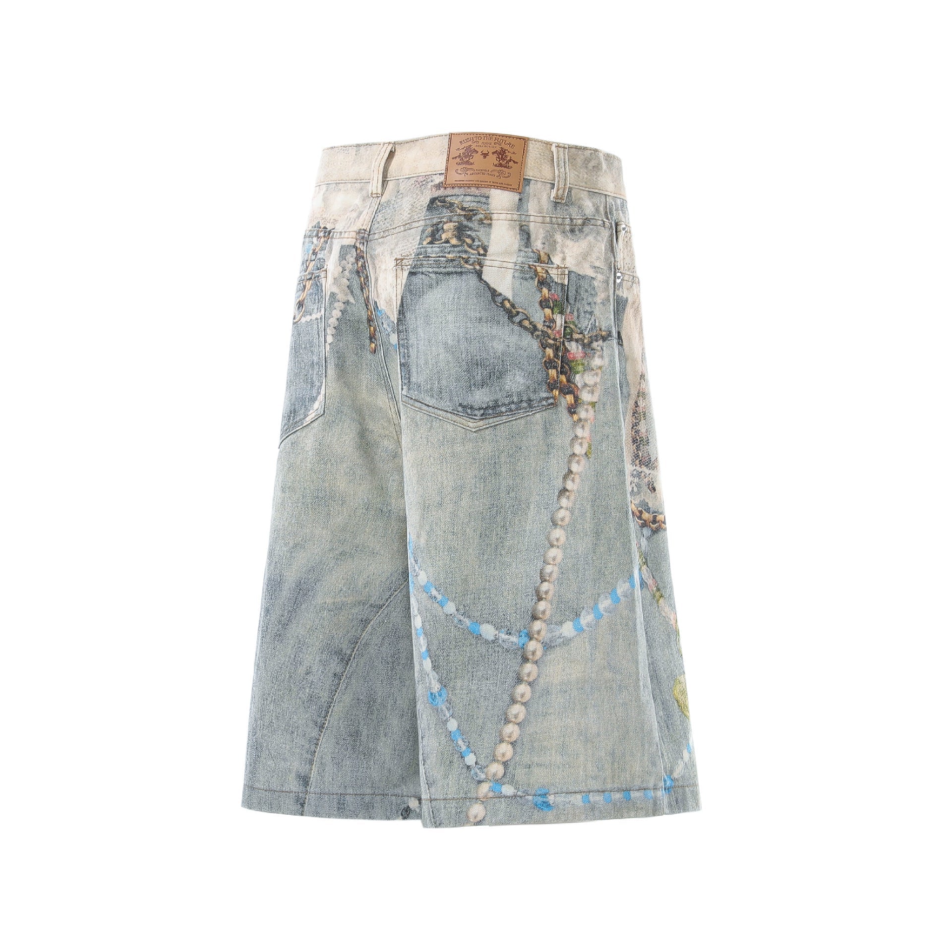 Pearl Chain Collage Print Denim Jort