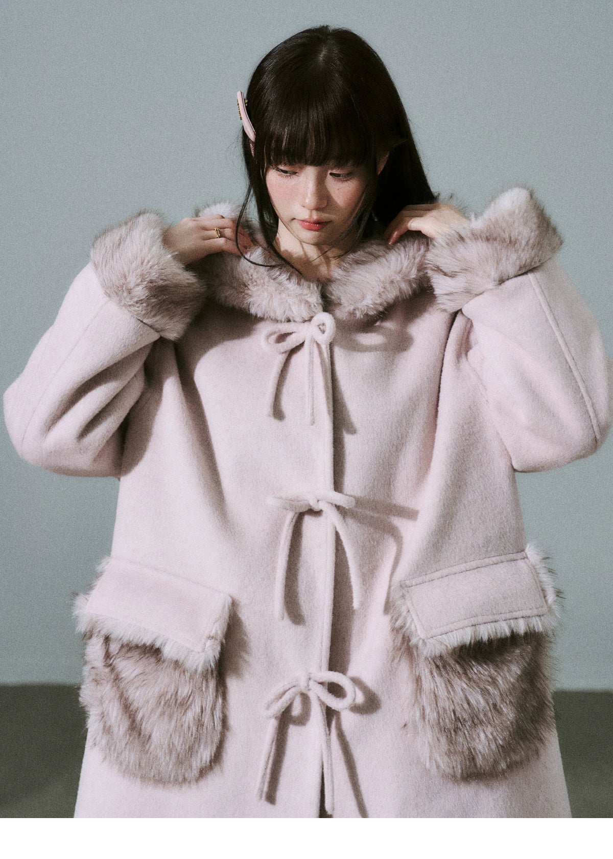 Bow Detail Fake Fur Trim Coat