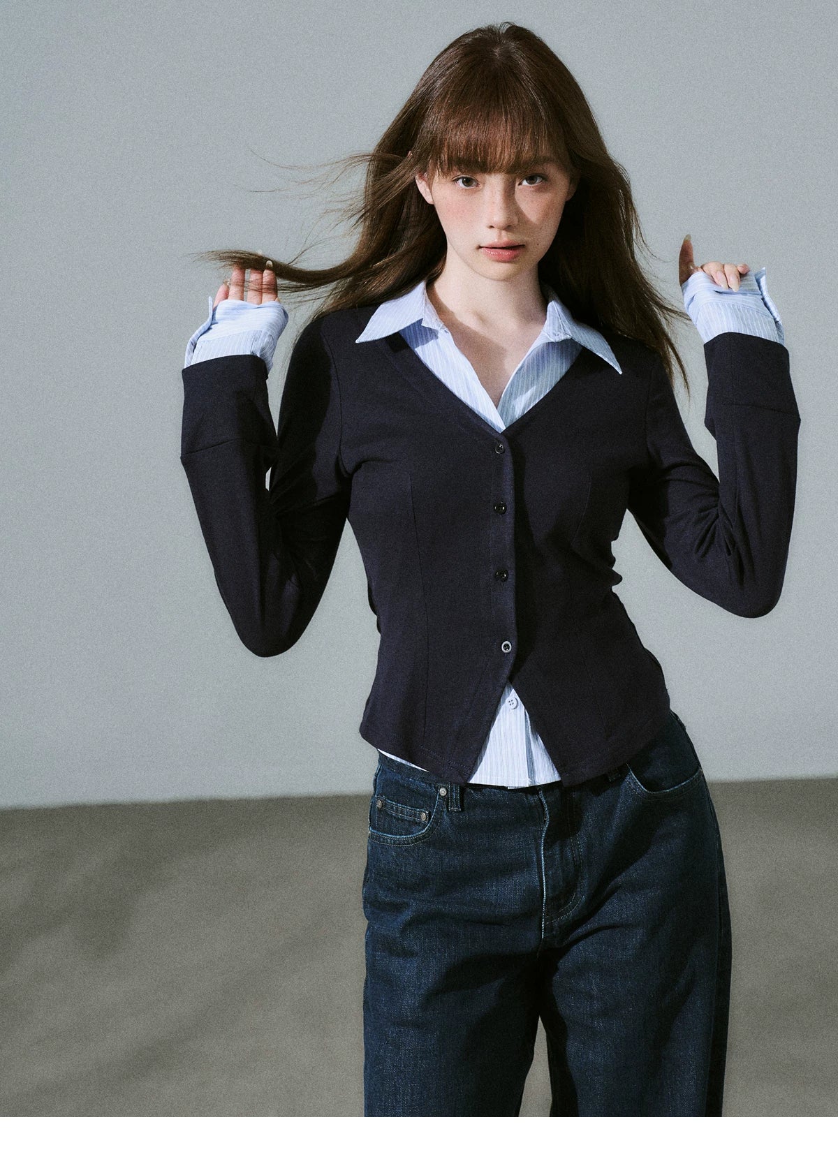 Layered Lyocell Wool Stripe Office Commuter Kinit Cardigan