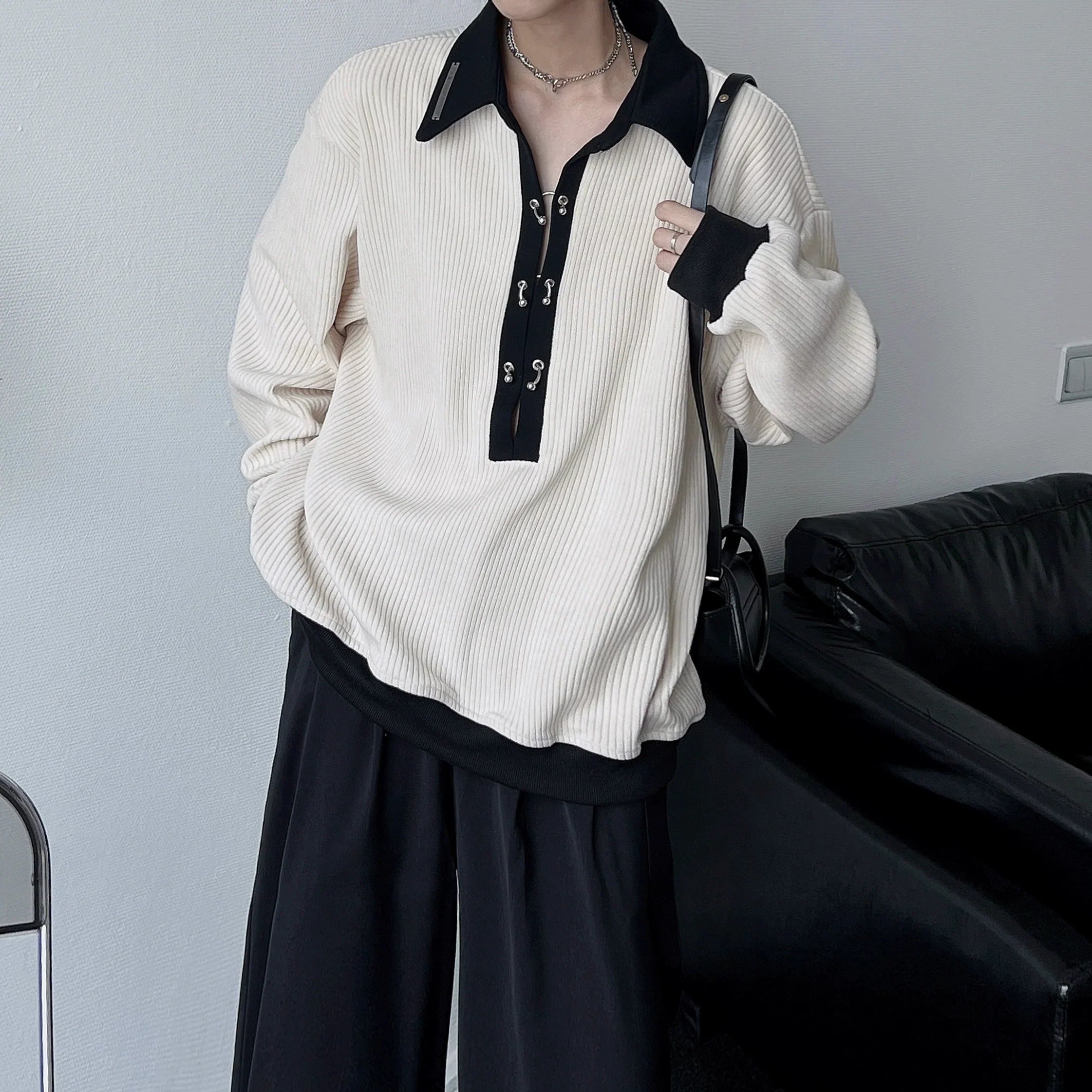 Metal Button Long Sleeve Polo Shirt