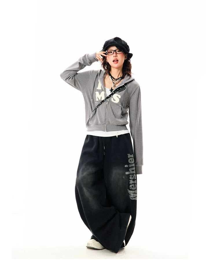 Heart Letter Print Stripe Cropped Zipper Hoodie