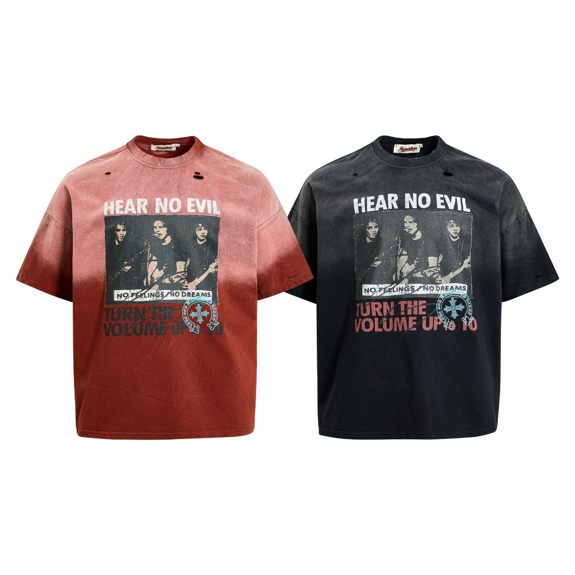 Washed Damage Portrait Print Short Sleeve T-Shirt