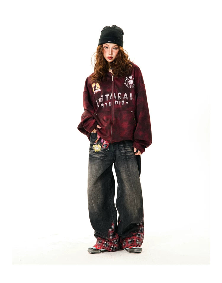 Tie-Dye Letter Print Oversize Zipper Hoodie