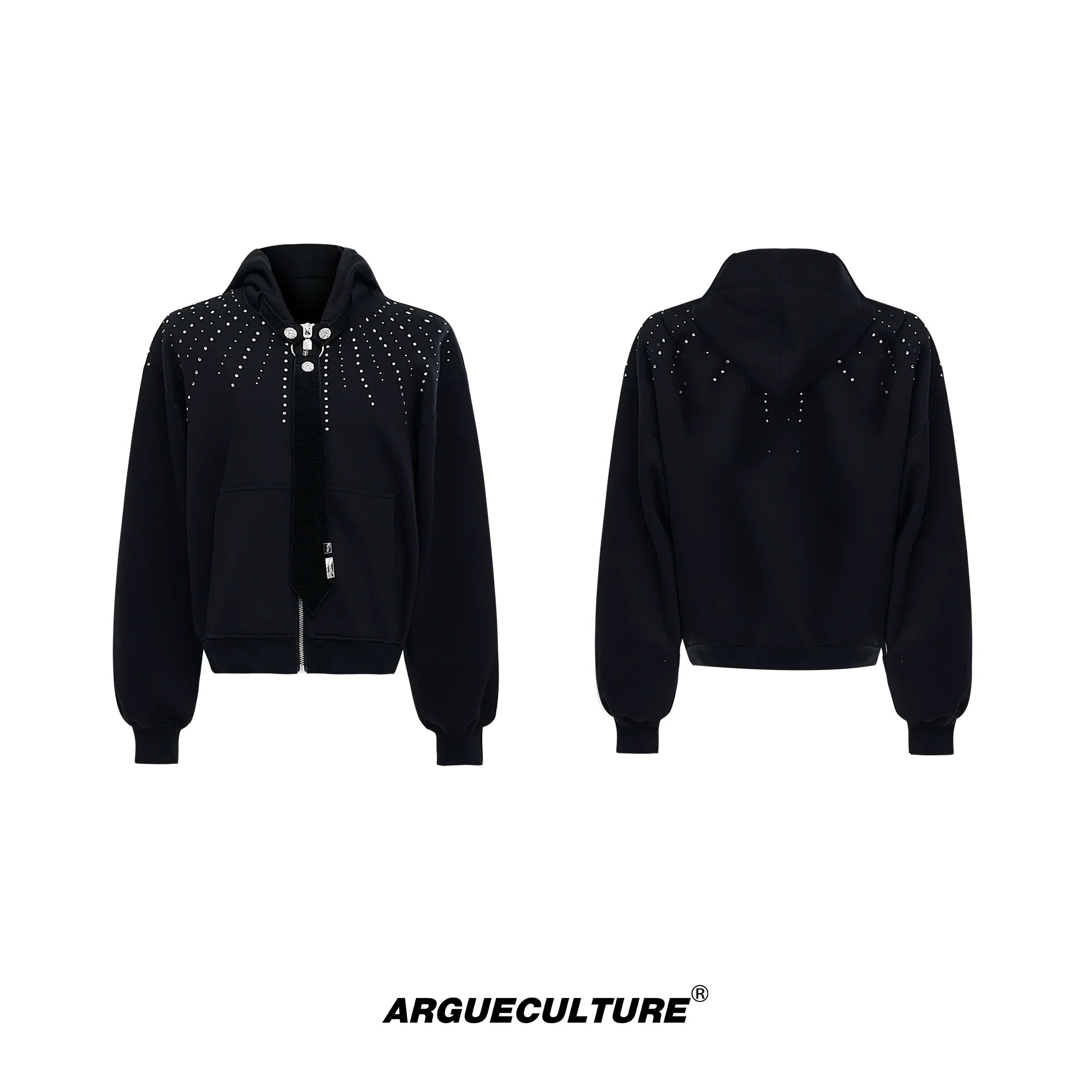 넥타이가 달린 스터드 디자인 지퍼 후드 티셔츠