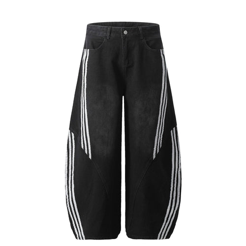 Weite Jeans mit gewaschenem Triple-Stripe-Panel-Design - Schwarz / S
