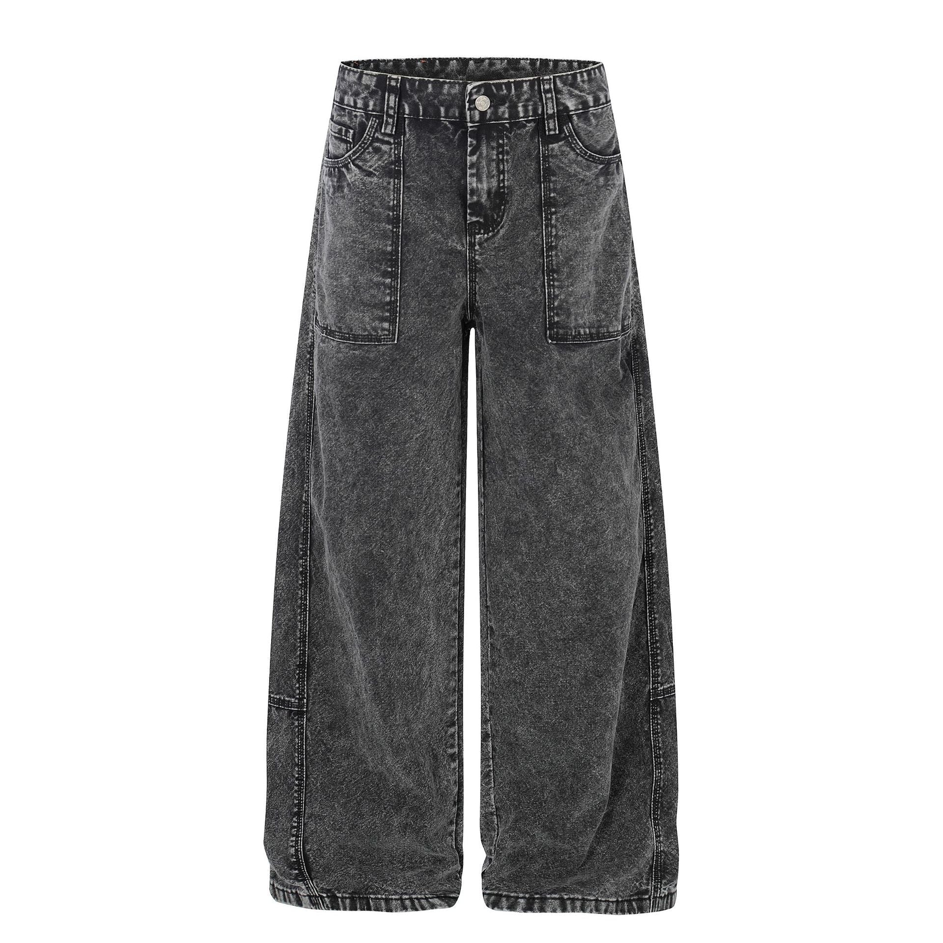 Patch Pocket Washed Wide Leg Denim Jeans