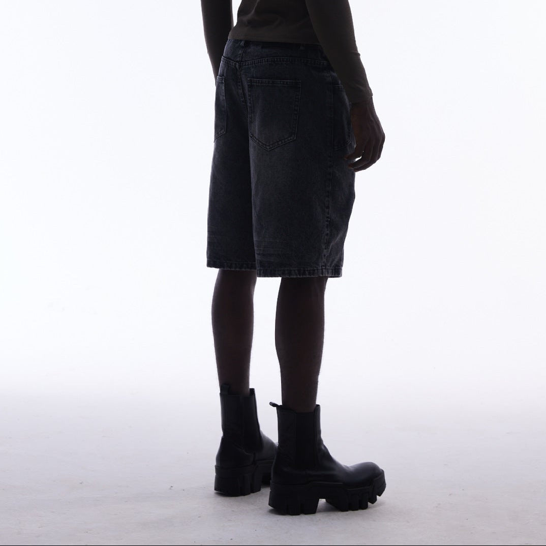 Washed Whisker Metal Buckle Denim Jort