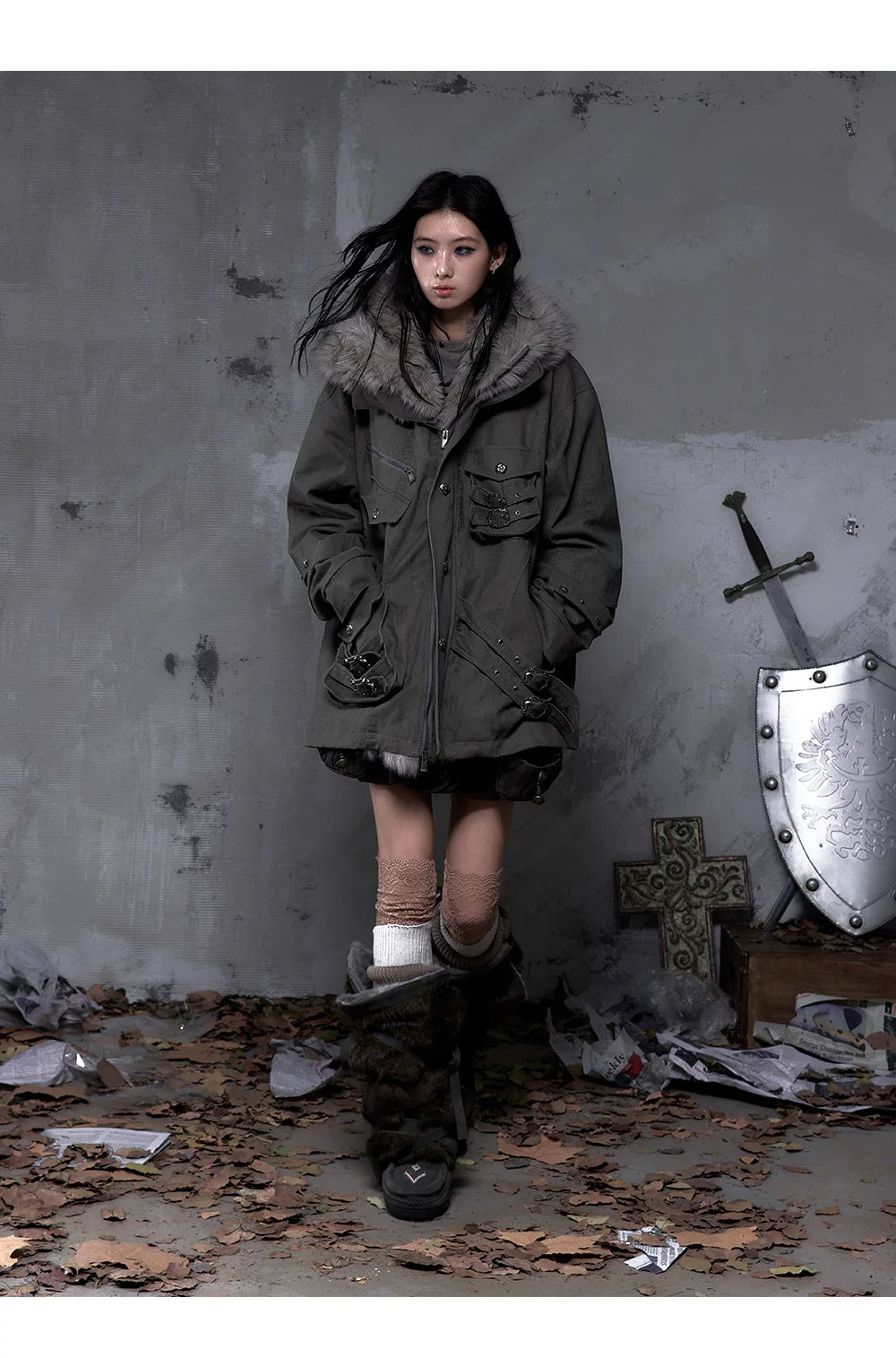 Fake Fur Hooded Multi-Pocket Buckle Detail Jacket