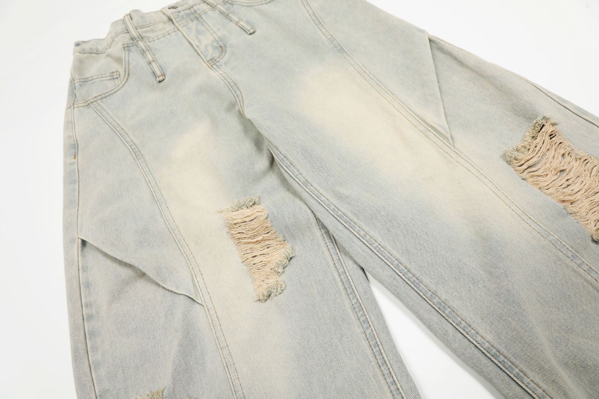 Washed Damage Curved Wide Leg Denim Jeans