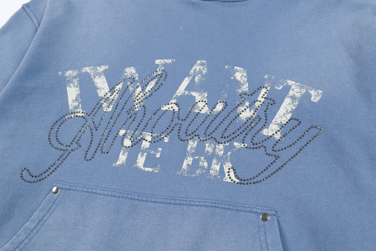 Washed Letter Rhinestone Design Damage Hoodie