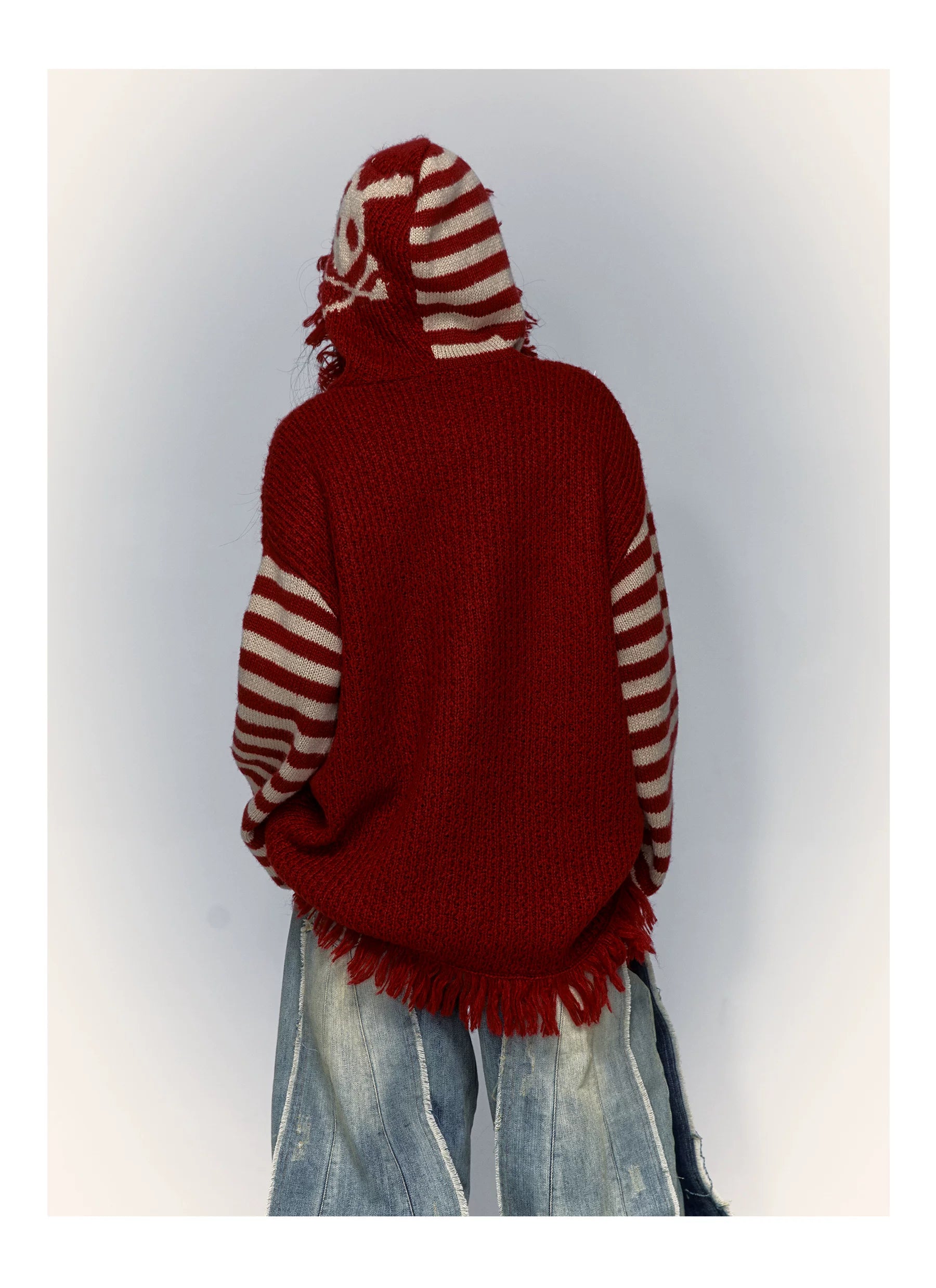 Skull Print Stripe Oversize Knit Hoodie