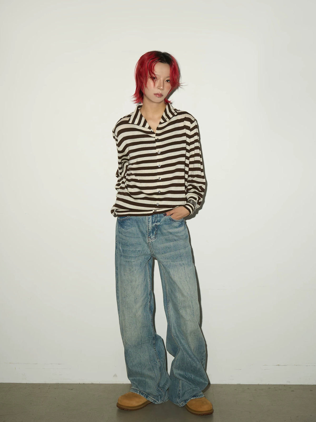 Contrast Stripe Wool Knit High-Neck Cardigan