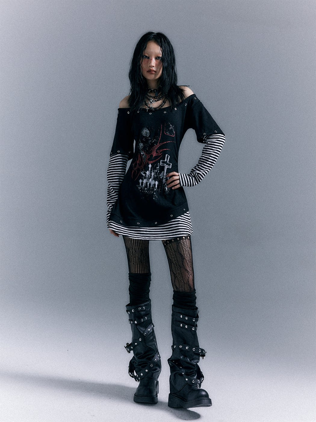 Light Punk Stripe Long Sleeve Graphic Waist-Cinching T-Shirt Dress